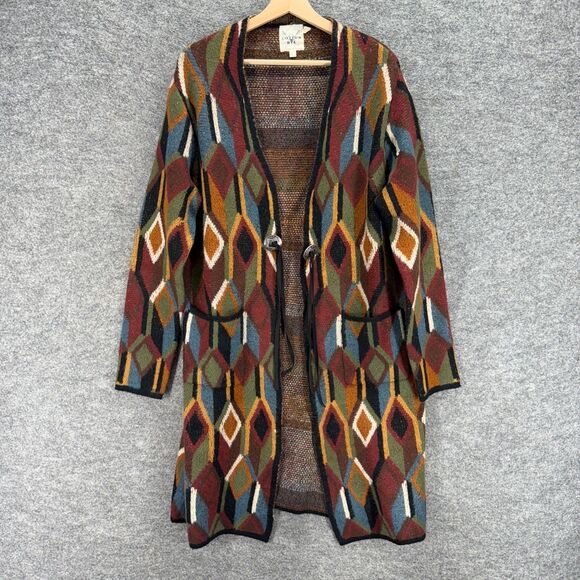 Cotton & Rye Cardigan Women XL Brown Geometric Open Front Long Sleeve Pockets - Picture 1 of 7